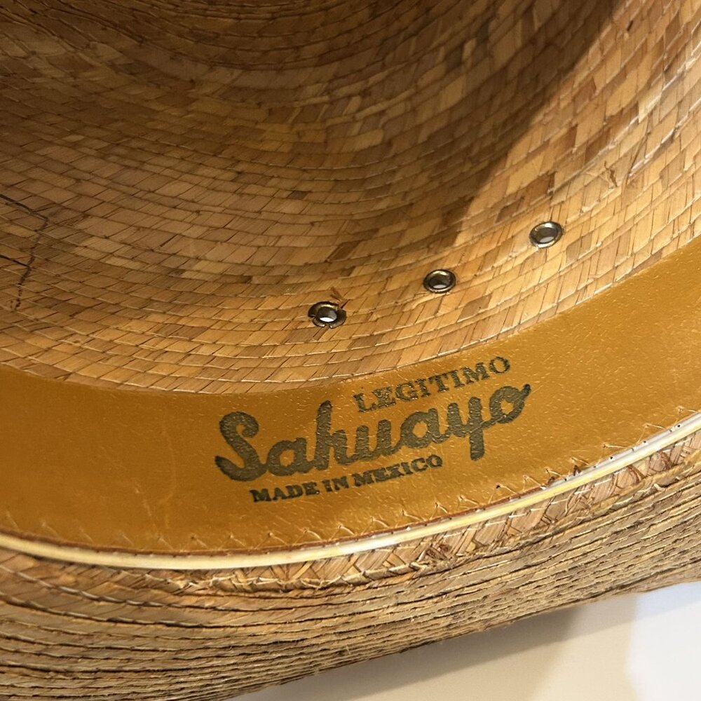 Vintage Sahuayo Mexican Palm Straw Hat Wide Brim Ventilated Crown Sun Beach - Picture 2 of 11